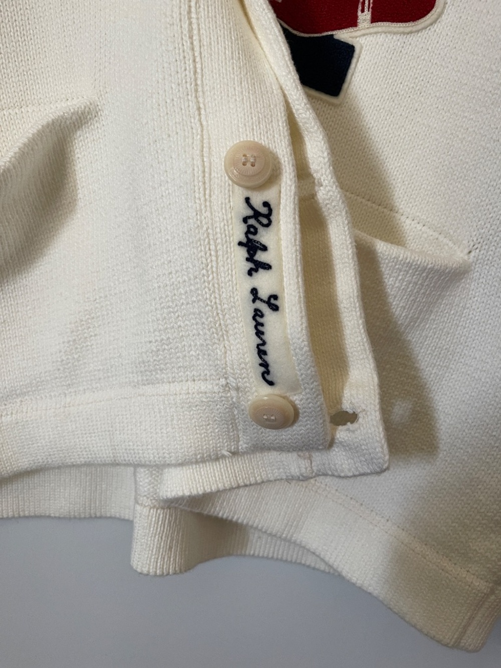 Ralph Lauren Ivory Knit Cardigan with Navy Label & Polo Bear Patch NWT XXL. - Picture 5 of 6